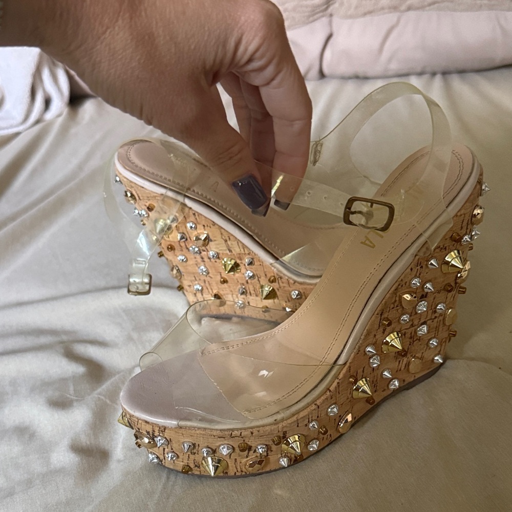 Miss Lola Clear and Gold Studded Wedges